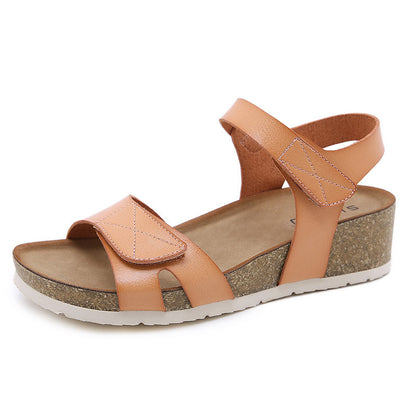 Leather Cork Wedge Sandals With Ankle Strap