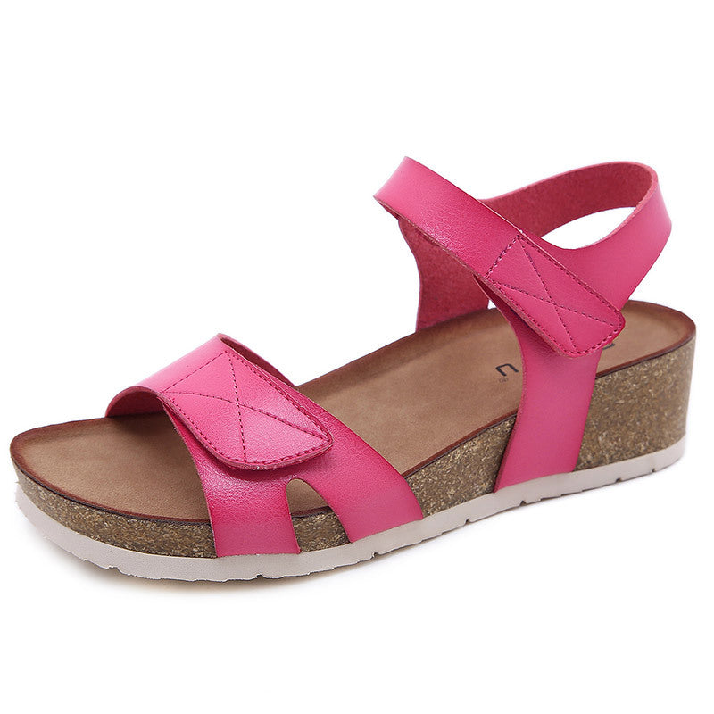 Leather Cork Wedge Sandals With Ankle Strap