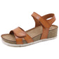 Leather Cork Wedge Sandals With Ankle Strap