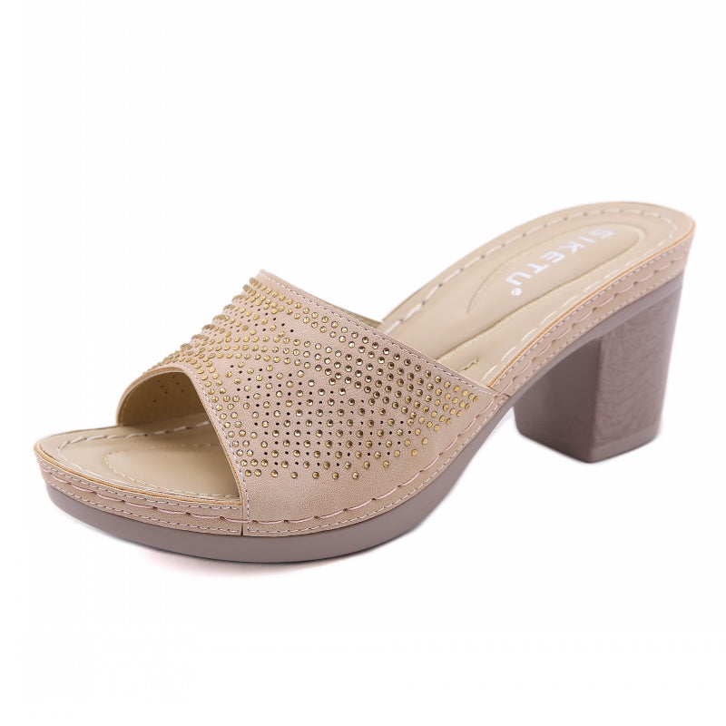 Perforation Block Heel Slide Sandals for Ladies