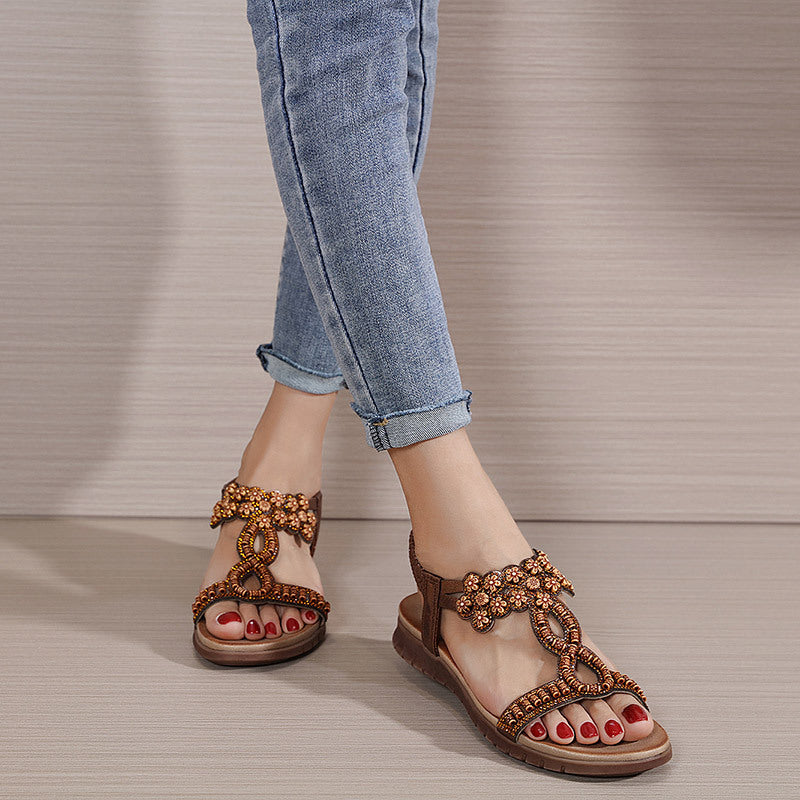 Retro Soft Sole Sandals With Beaded Rhinestones