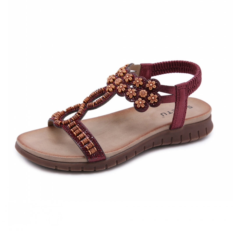 Retro Soft Sole Sandals With Beaded Rhinestones