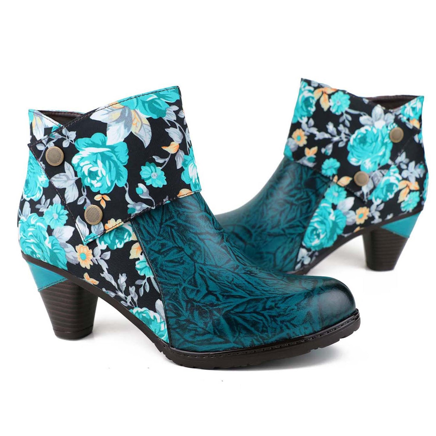 Round Head Printed Leather Ankle Boots
