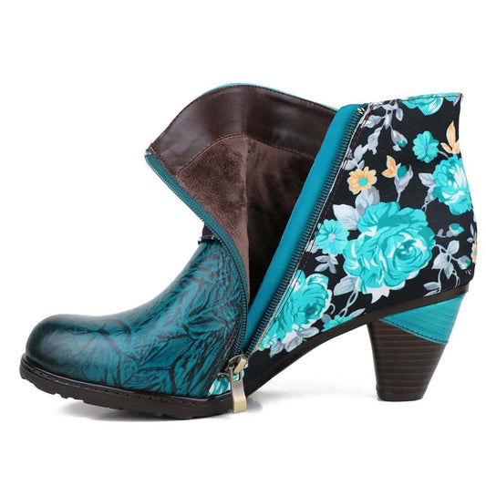 Round Head Printed Leather Ankle Boots