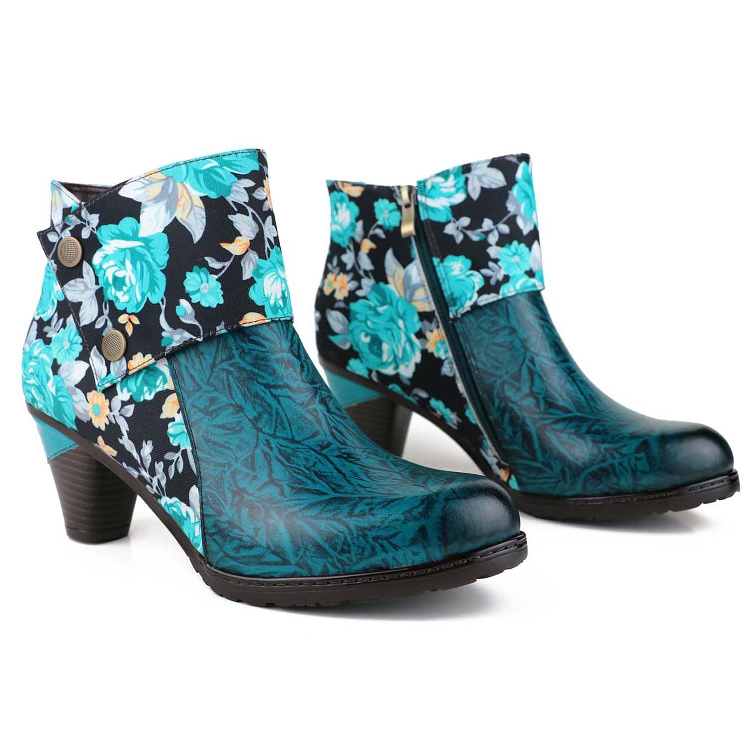 Round Head Printed Leather Ankle Boots