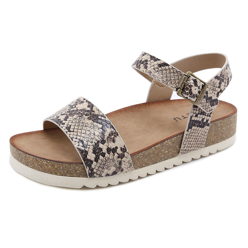 Snake Print Cork Sandals With Ankle Strap