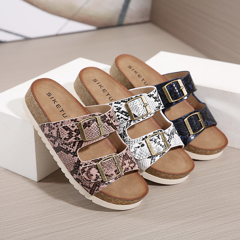 Two Band Snake Pattern Slip-on Cork Sandals