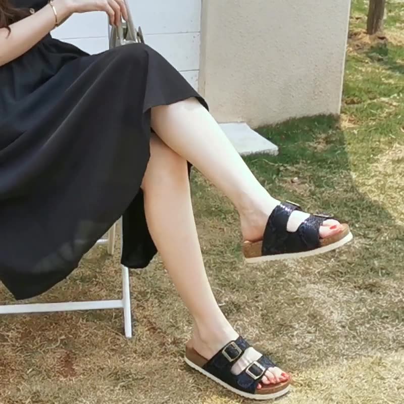 Two Band Snake Pattern Slip-on Cork Sandals