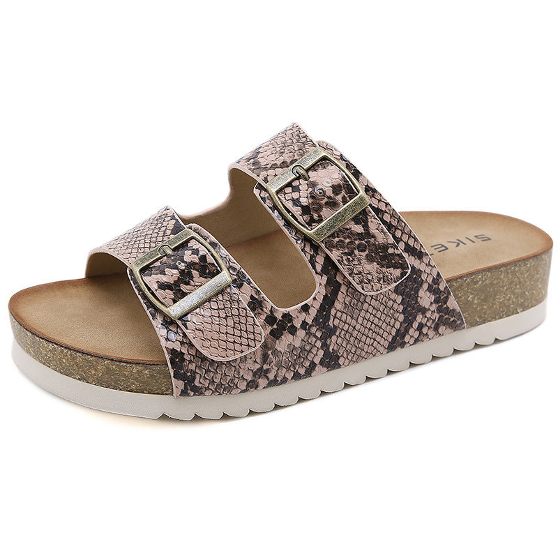 Two Band Snake Pattern Slip-on Cork Sandals