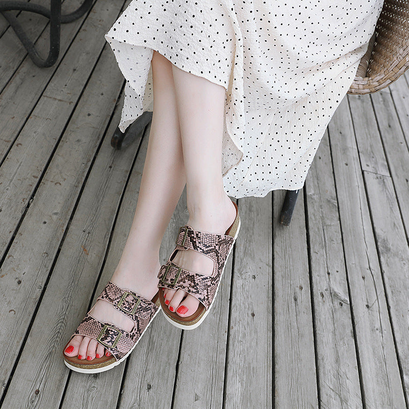 Two Band Snake Pattern Slip-on Cork Sandals
