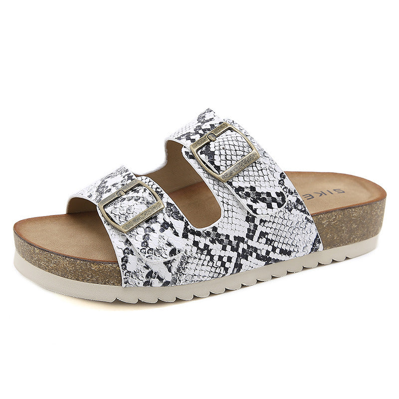 Two Band Snake Pattern Slip-on Cork Sandals