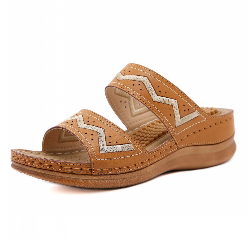 Two Band Wedge Sandals With Embroidery