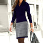 Women's Vintage V Neck Long Sleeve Mod Dress Houndstooth Print Skirt