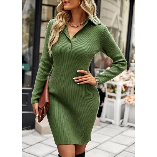 Women's Long Sleeve Lapel Neckline Sheath Sweater Dresses