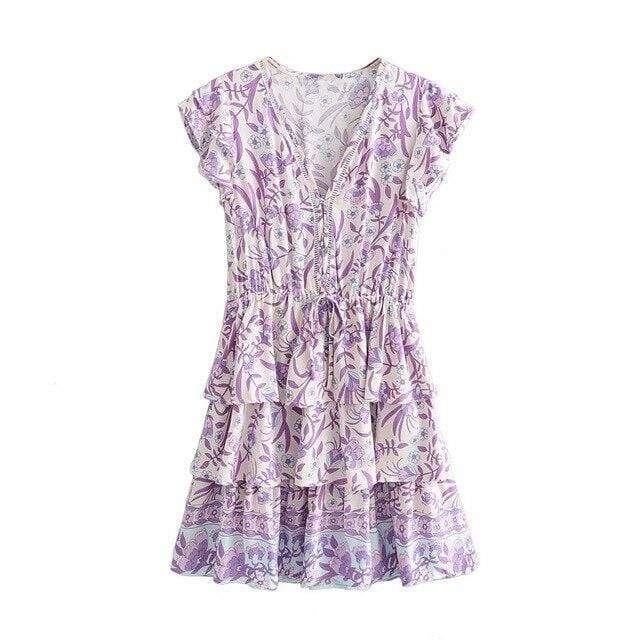 Boho Lilac Floral Print Mini Dress