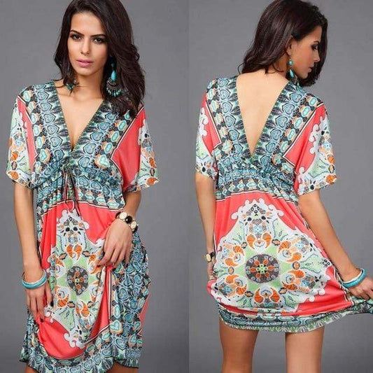 Boho V Neck Tunic Mini Dress