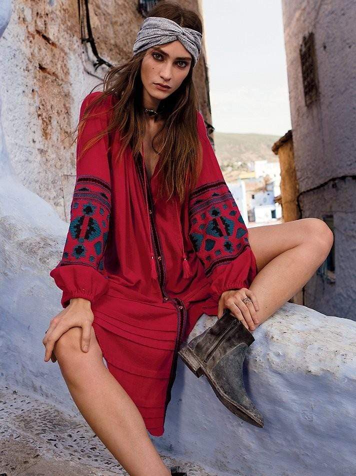 red boho dress Boho Inspired Long Embroiderd Tassel Dress – Zalor