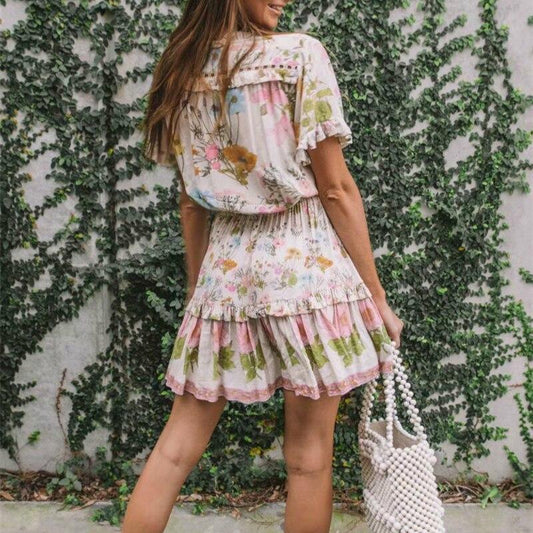 Boho Floral Print Ruffles Dress