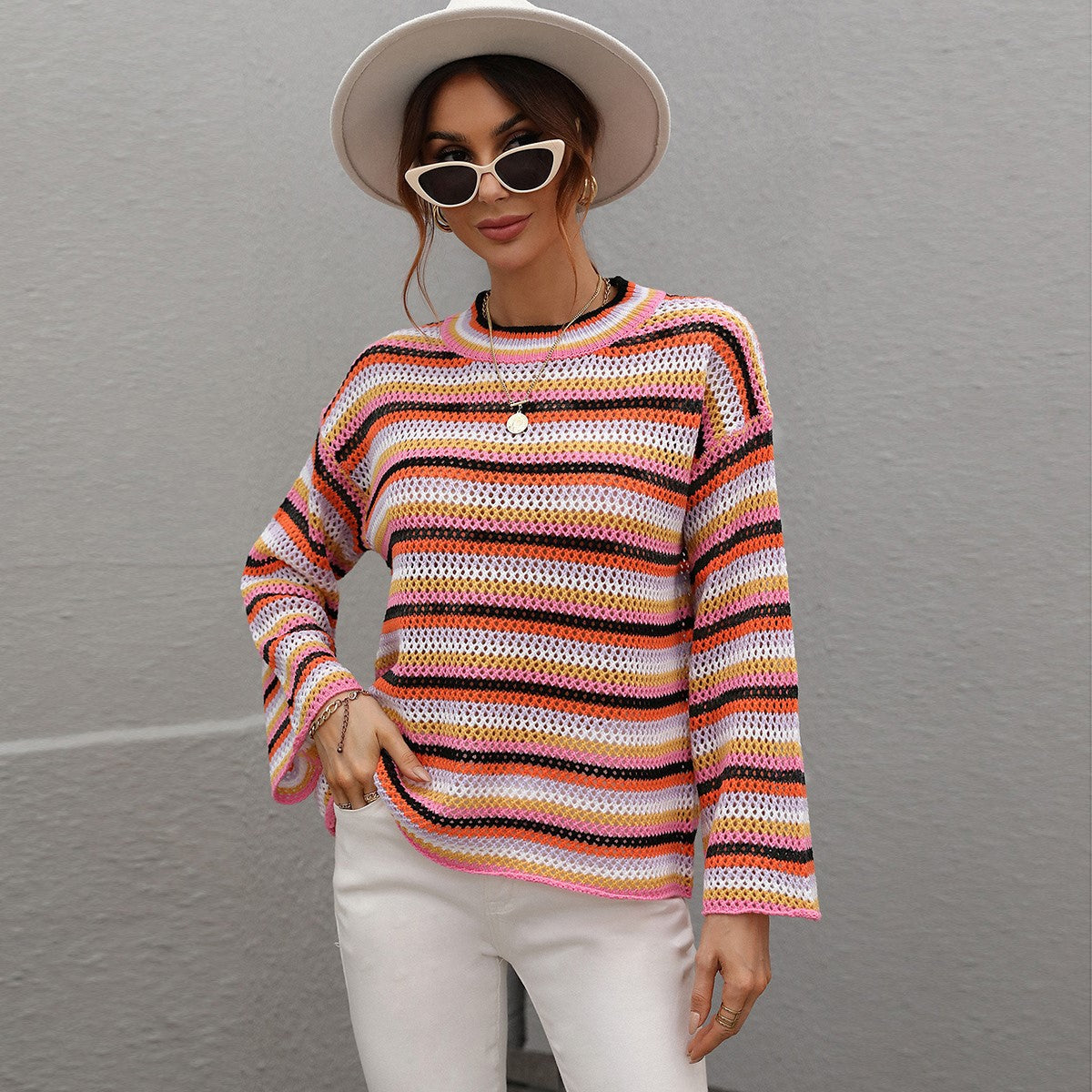 Crew Neck Colorful Striped Sweater Jumper