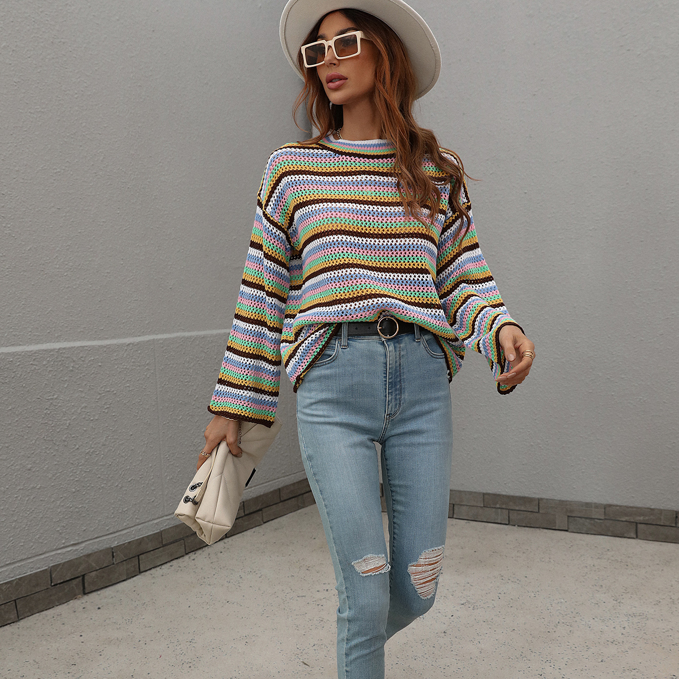 Crew Neck Colorful Striped Sweater Jumper
