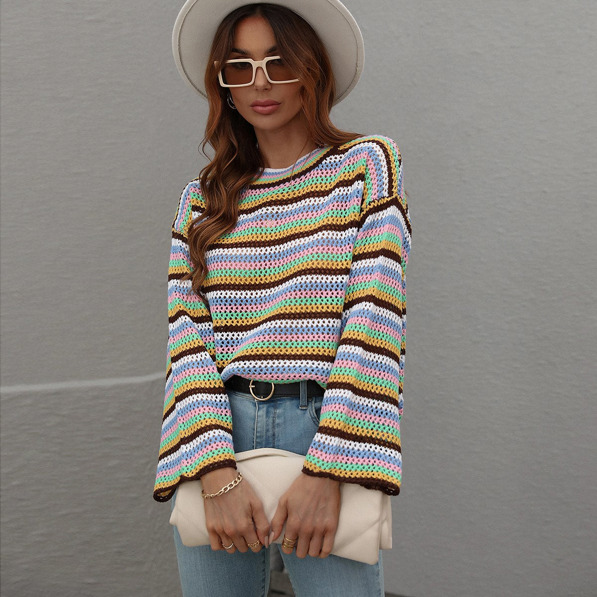 Crew Neck Colorful Striped Sweater Jumper