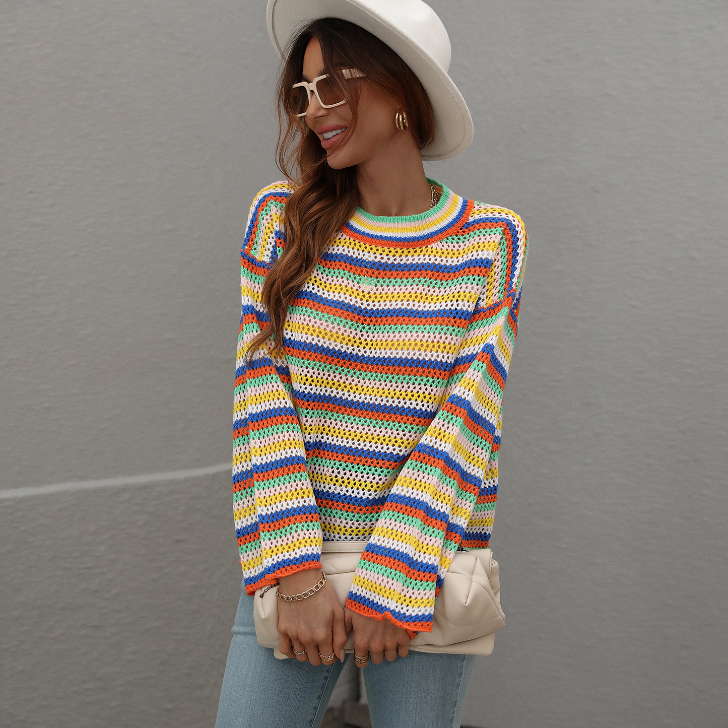 Crew Neck Colorful Striped Sweater Jumper
