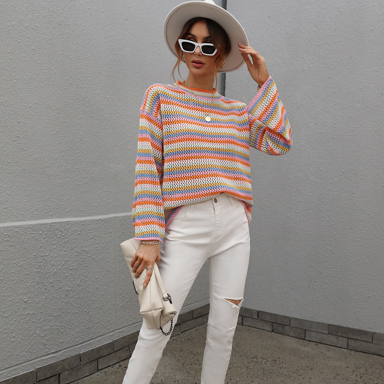 Crew Neck Colorful Striped Sweater Jumper