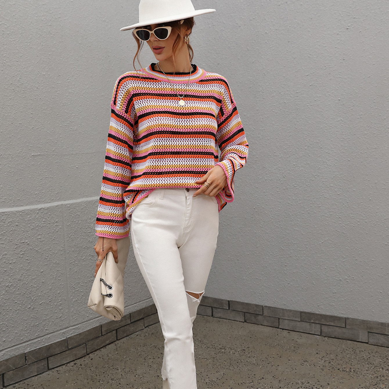 Crew Neck Colorful Striped Sweater Jumper
