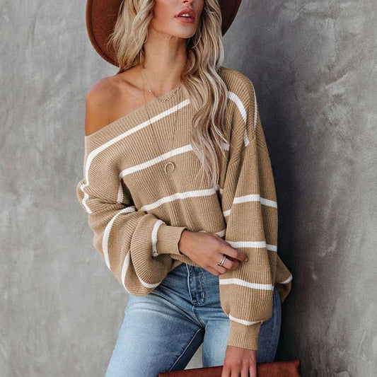 Boho Chic Striped Knit Off Shoulder Sweater