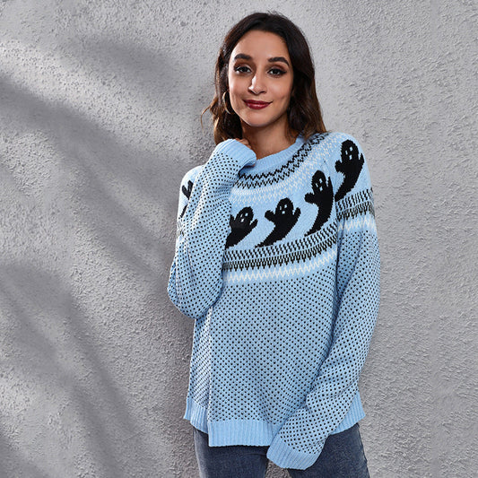 Ghost Pattern Halloween Jumper Knitted Sweater for Women