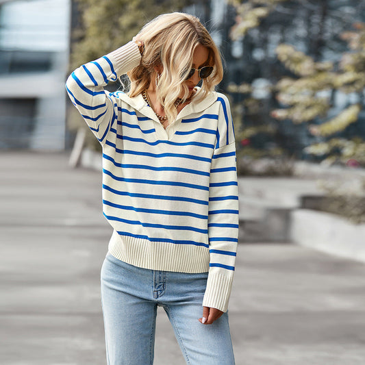 Lapel Striped Long Sleeve Sweater