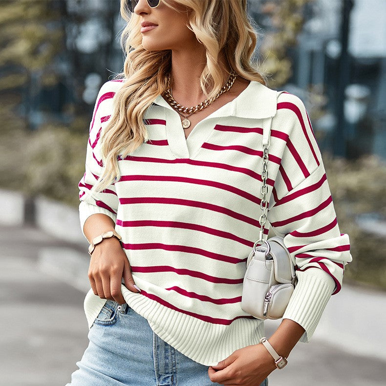 Lapel Striped Long Sleeve Sweater
