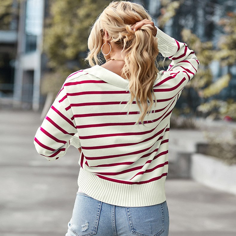 Lapel Striped Long Sleeve Sweater