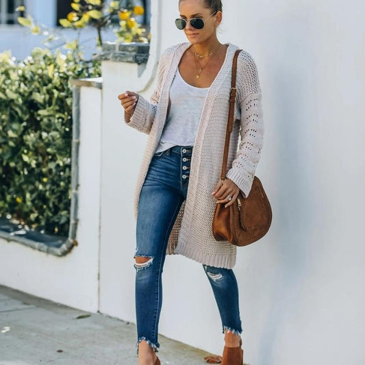 Long Solid Buttonless Knit Cardigan