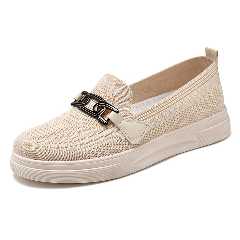 Stylish Mesh Fly Knit Flats Shoes With Buckle