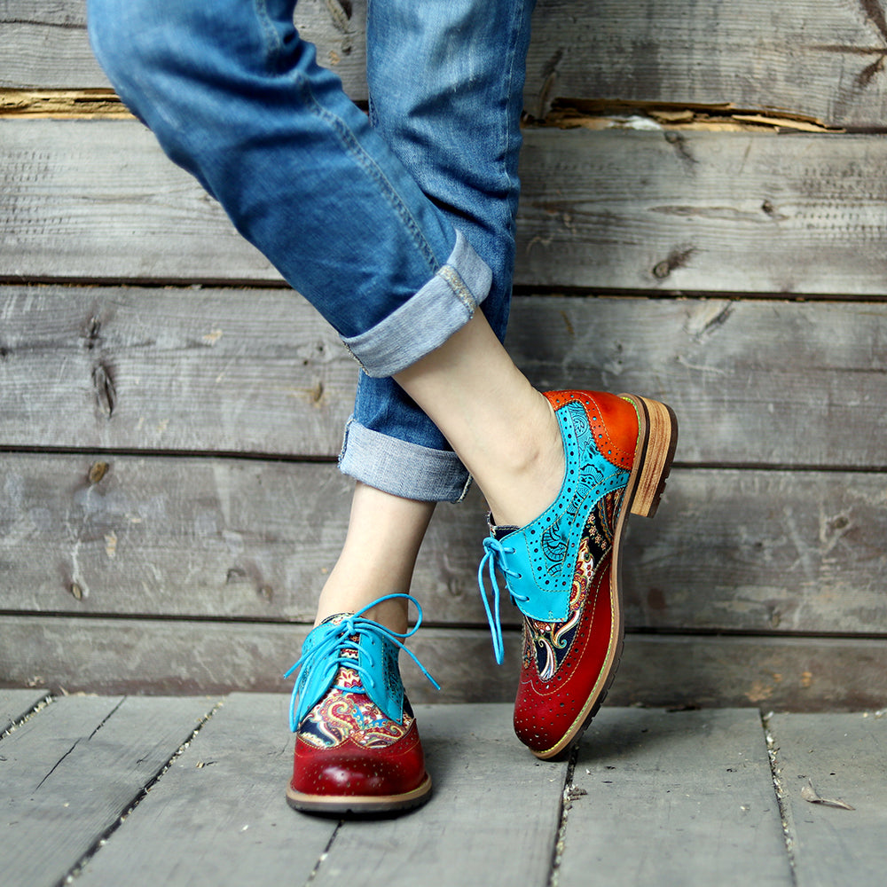 Women's Leather Oxford Shoes Perforated Lace up Wingtip Colorful