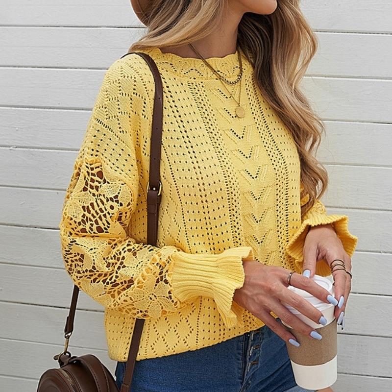 Women's Patchwork Lace Sleeves Sexy Jumper Knitwear