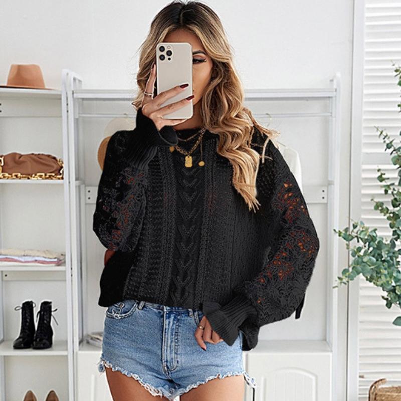 Women's Patchwork Lace Sleeves Sexy Jumper Knitwear