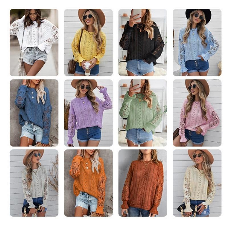 Women's Patchwork Lace Sleeves Sexy Jumper Knitwear