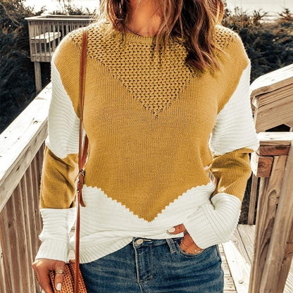 Women's Color Block Knit Jumper Loose Round Neck Long Sleeve Top