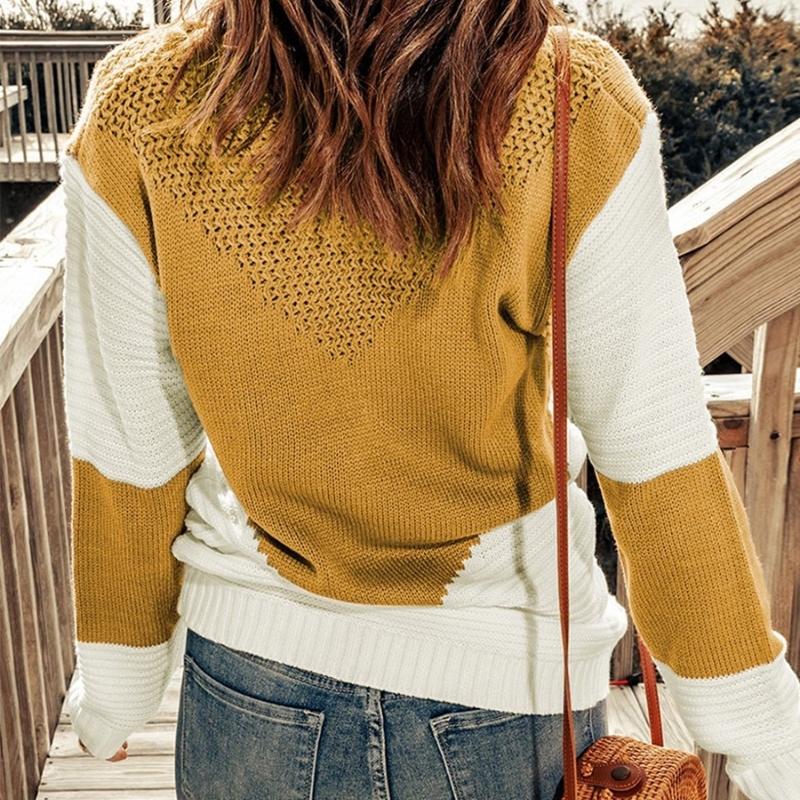 Women's Color Block Knit Jumper Loose Round Neck Long Sleeve Top
