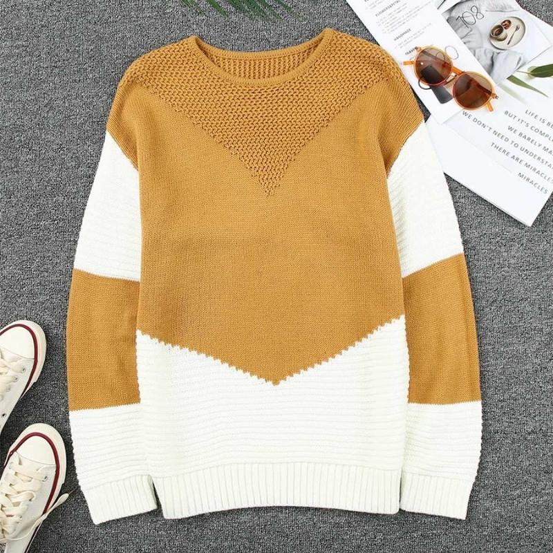 Women's Color Block Knit Jumper Loose Round Neck Long Sleeve Top