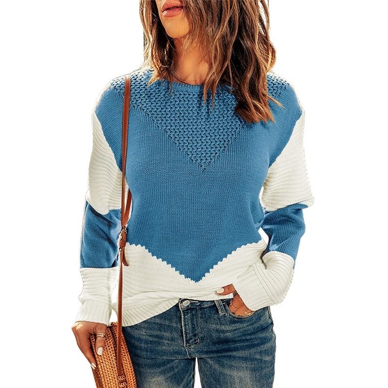 Women's Color Block Knit Jumper Loose Round Neck Long Sleeve Top